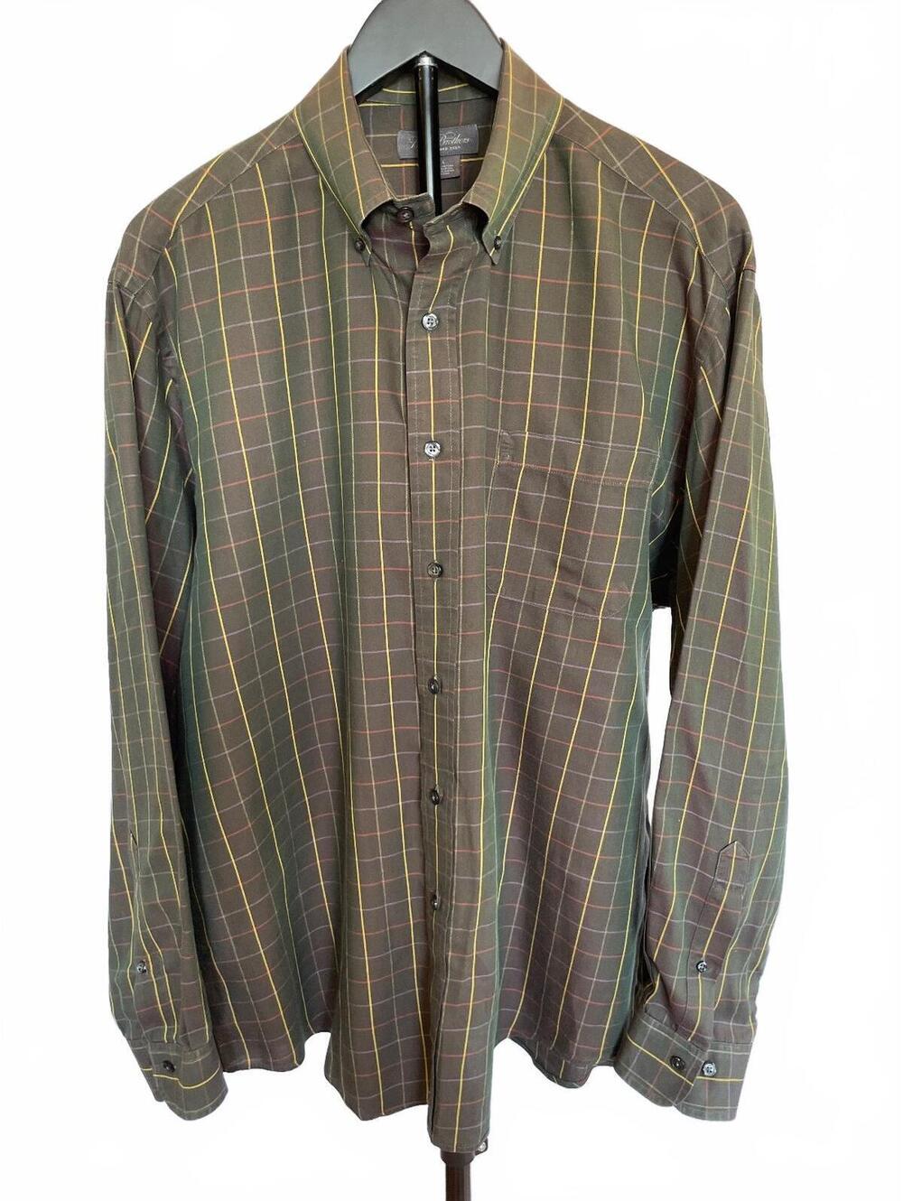 Brooks Brothers Men's Olive Brown Windowpane Button Down Shirt 100% Cotton Large